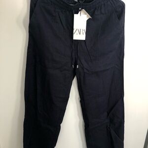 Zara Women’s linen pants joggers linen mix navy
